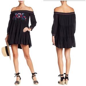 Free People Off Shoulder Black Floral Sunbeam Dress Size Small